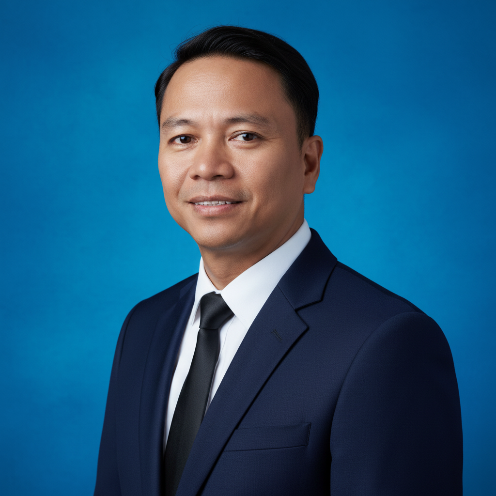 A professional portrait of a man with short black hair wearing a navy suit, white shirt, and black tie against a blue background.