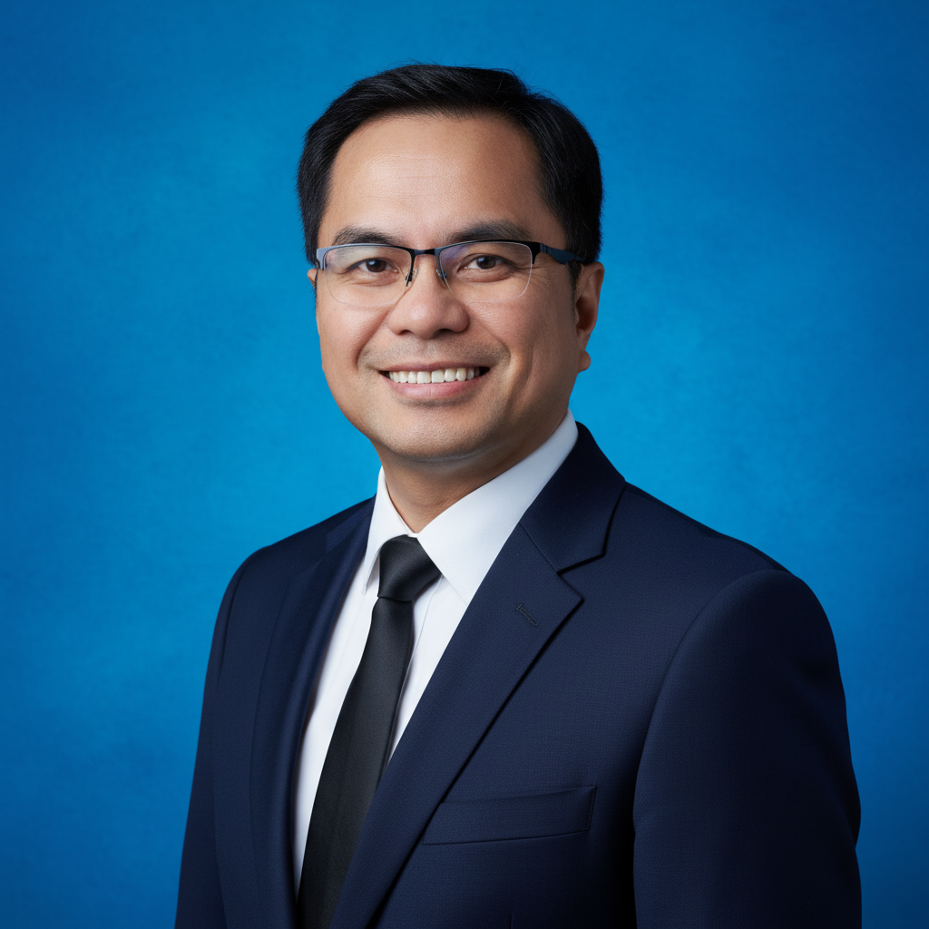 Professional portrait of a man wearing glasses, a dark suit, white shirt, and black tie, smiling against a blue background.