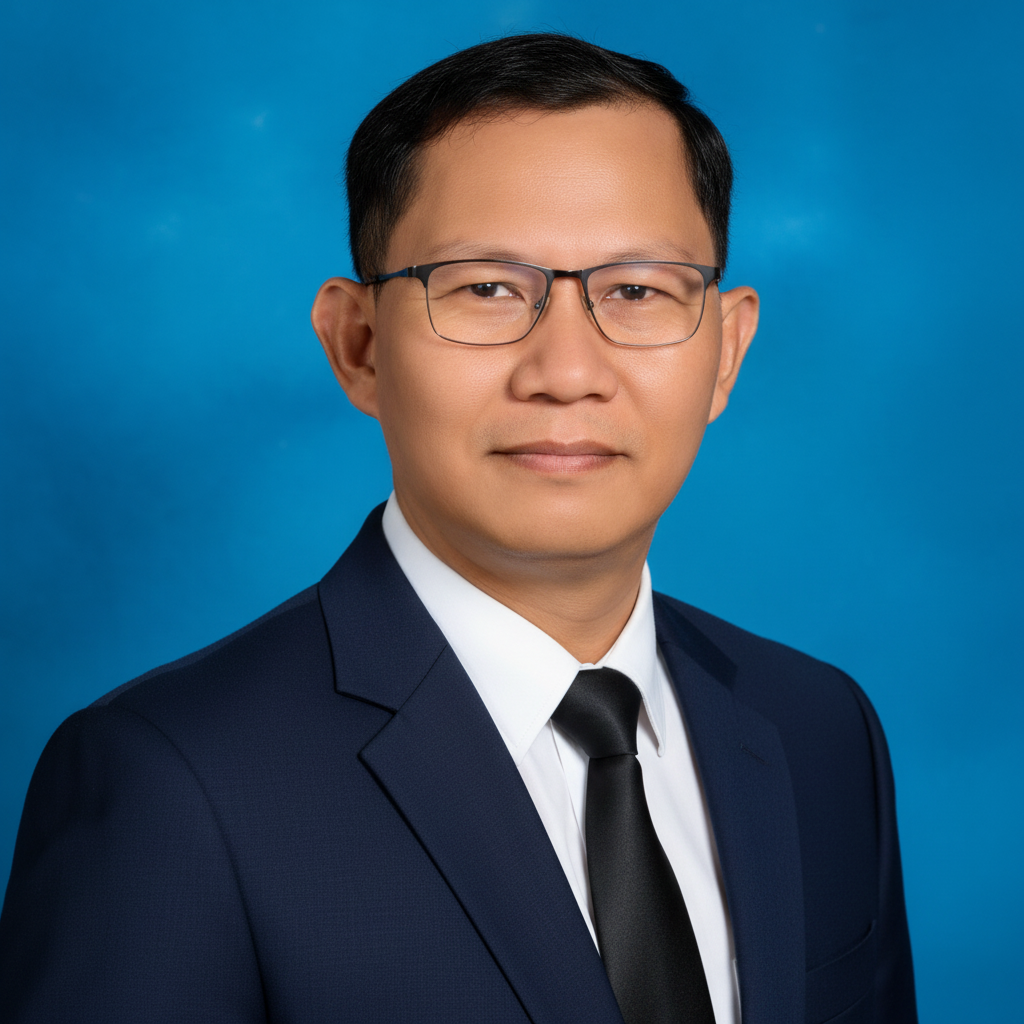 Professional headshot of a man wearing glasses, a dark suit, white shirt, and black tie against a blue background.