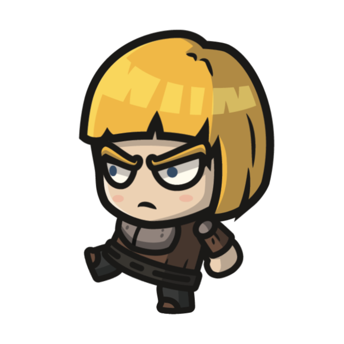 Chibi-style character with blond hair, glasses, and a stern expression, dressed in dark clothing with an armored shoulder pad.