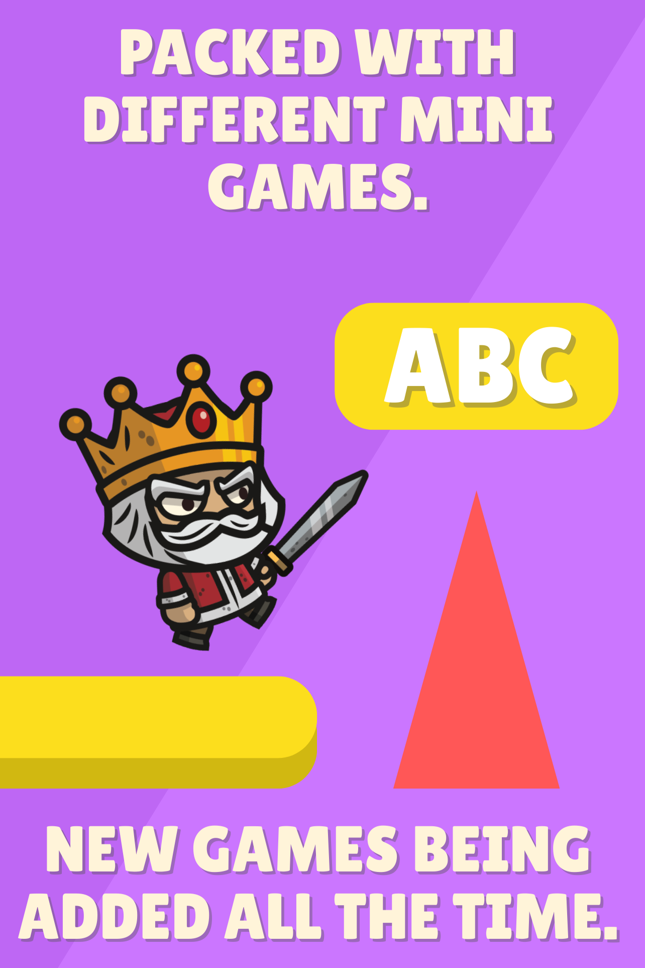 Purple promotional poster for a gaming app or website with cartoon king holding a sword, text highlighting mini games, the letters ABC in a yellow box, and a red arrow pointing upward, with additional text about new games being added.