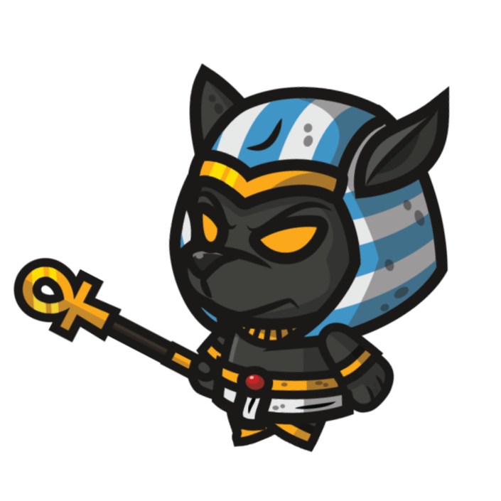 A stylized cartoon cat dressed as an Egyptian pharaoh, holding an Ankh symbol.
