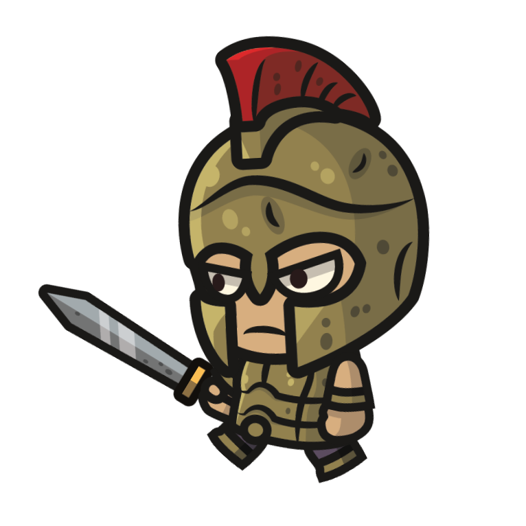 A cartoon warrior wearing a metal helmet with a red plume, holding a small sword, with a serious expression.