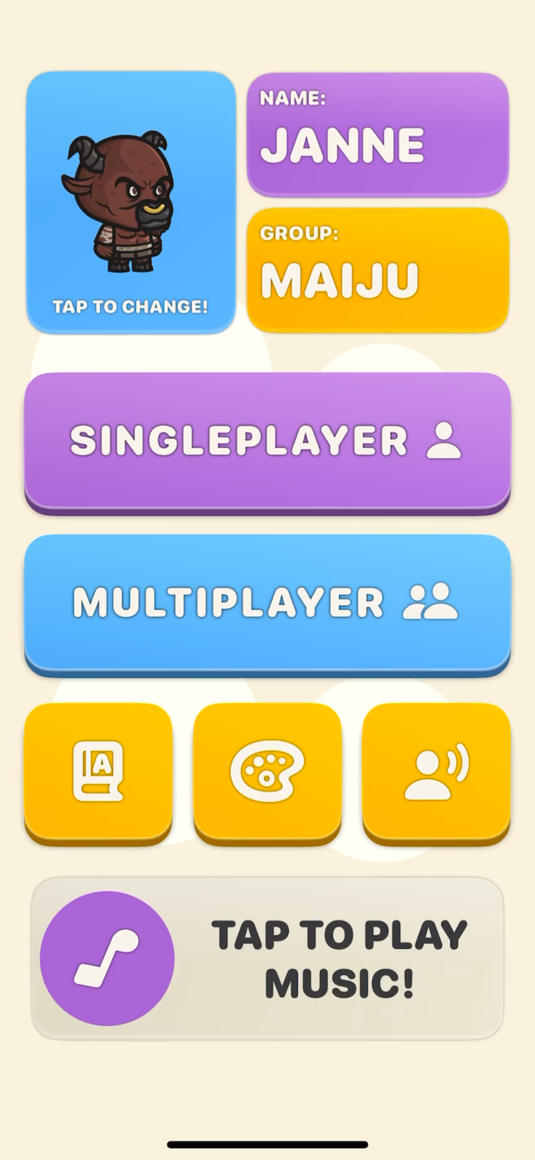 Video game menu screen featuring a character with horns, with options for singleplayer, multiplayer, changing avatar, and music controls.