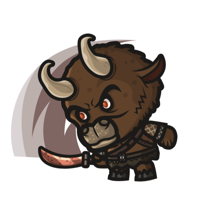 A cartoon minotaur warrior with horns, muscular buildup, brown fur, and a fierce expression, holding a large axe.