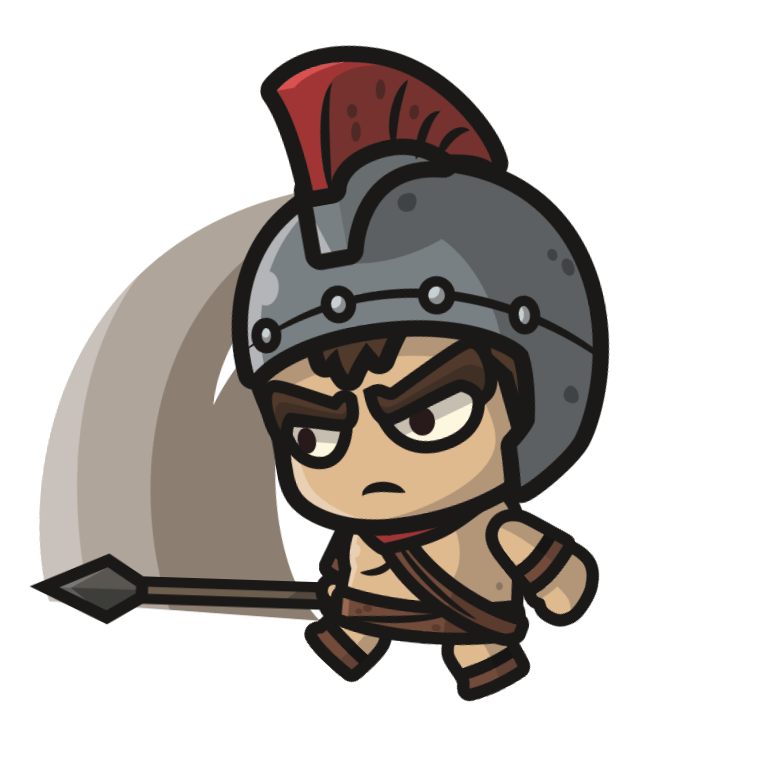 Cartoon warrior with a helmet, spear, and angry expression.