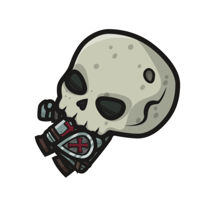 Illustration of a skull with a small body, wearing a collar with a cross, in a cartoon style.