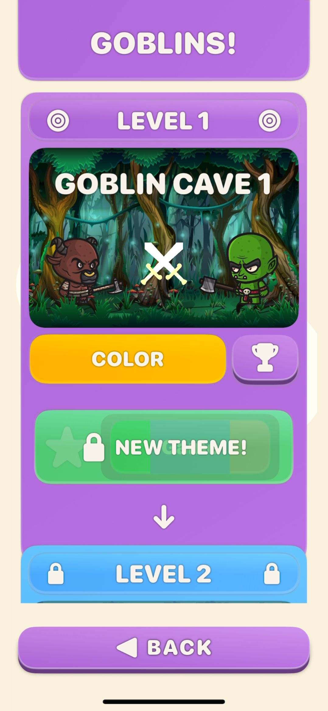 Screenshot of a mobile game menu featuring a Level 1 game called 'Goblin Cave 1,' with cartoon goblin characters holding axes in a forest background; options include 'Color,' a trophy icon, and a green button labeled 'New Theme!' with a lock icon; the menu indicates unlocked Level 1 and locked Level 2, and a purple 'Back' button at the bottom.