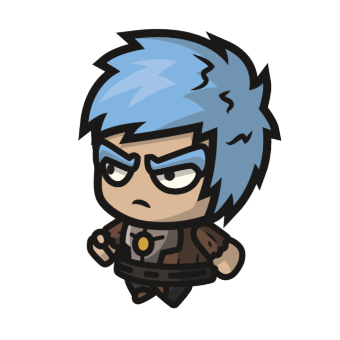 Cartoon character with spiky blue hair, glasses, wearing a brown jacket and a gray shirt with a yellow button, in a determined pose.