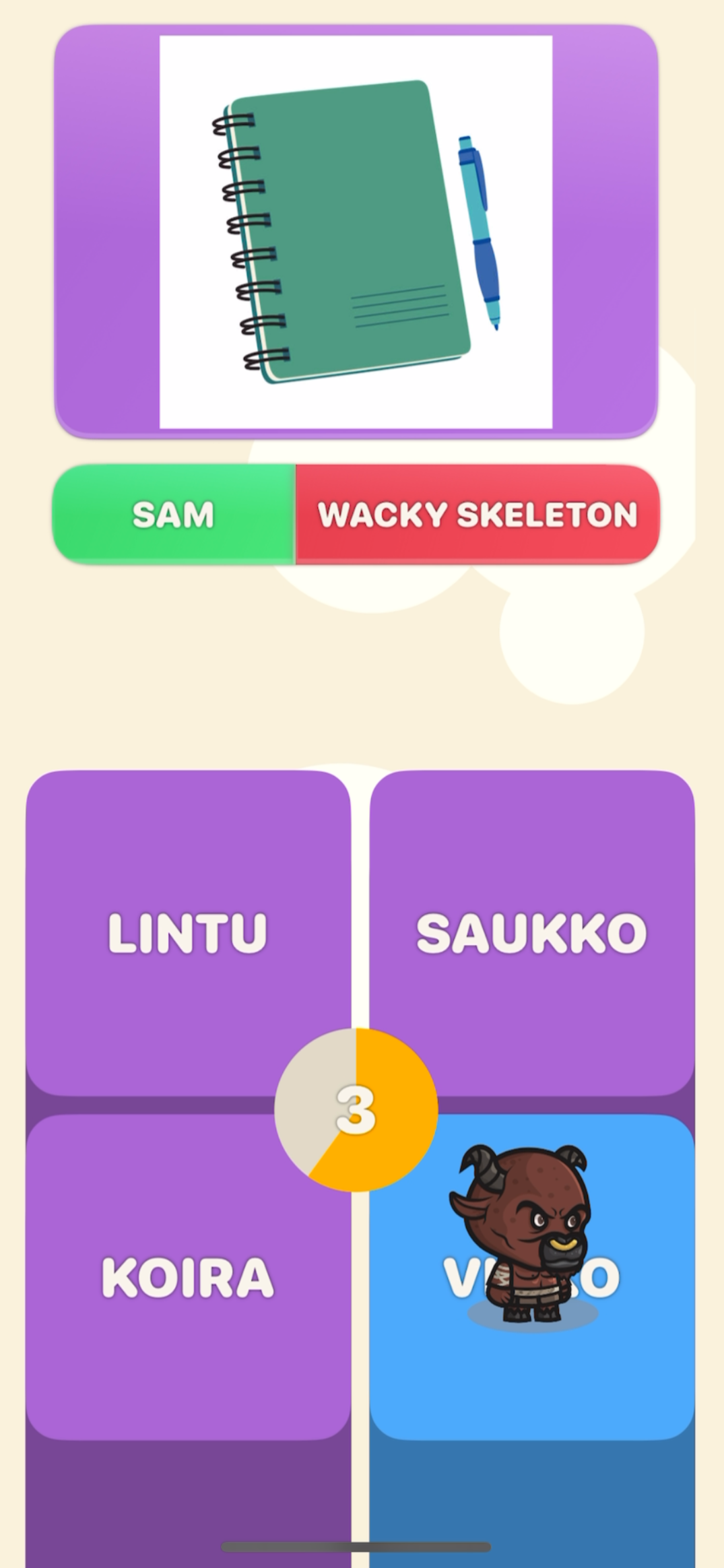 A quiz game screen showing a picture of a spiral notebook with a pen, with options to choose 'Sam' or 'Wacky Skeleton,' and a four-part multiple-choice question with words in Finnish and a cartoon minotaur character.