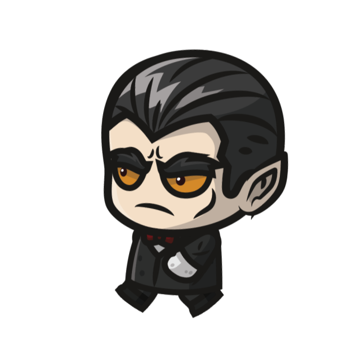 Cartoon illustration of a serious-looking man with slicked-back black hair, wearing sunglasses, a black suit, white shirt, and red bow tie.