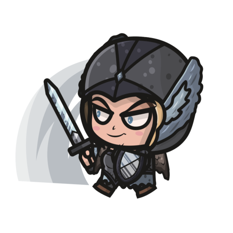 Cartoon warrior wearing armor and a helmet, wielding a sword and standing in a heroic pose.