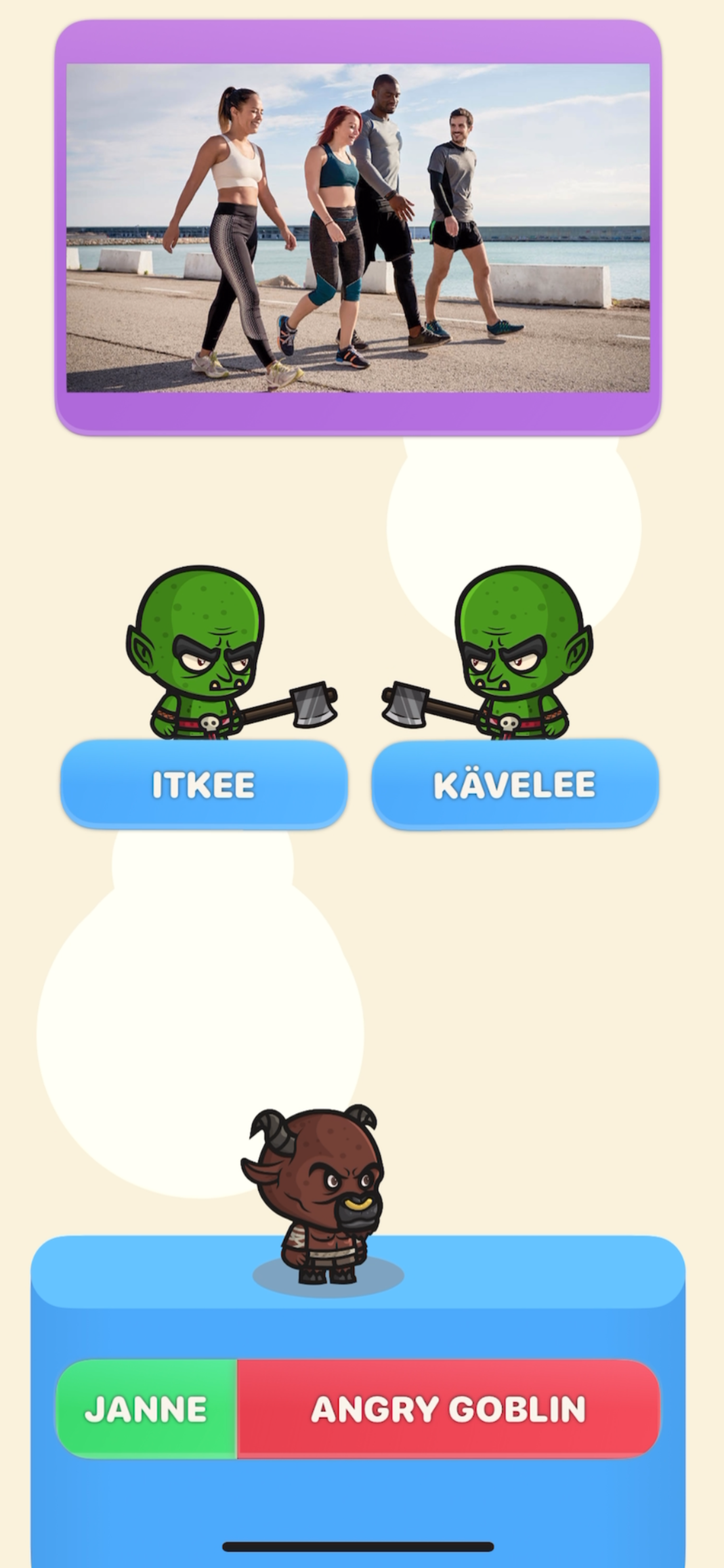 A mobile game screen showing a cartoon angry goblin with brown fur, black horns, and a neutral expression. There are two answer options below the goblin: 'JANNE' in green and 'ANGRY GOBLIN' in red, with the correct answer being 'ANGRY GOBLIN'.