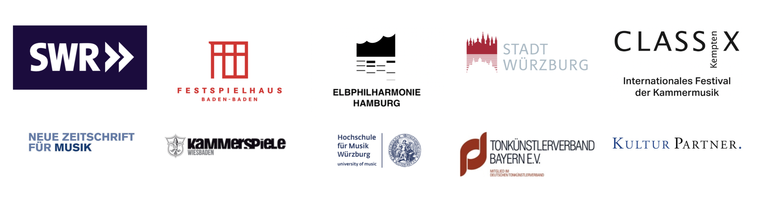 Row of logos of various organizations and events, including SWR, Festspielhaus Baden-Baden, Elbphilharmonie Hamburg, Stadt Würzburg, Class X, Neue Zeitschrift für Musik, Kammerspiele Wiesbaden, Hochschule für Musik Würzburg, Tonkünstlerverband Bayern, and Kultur Partner.
