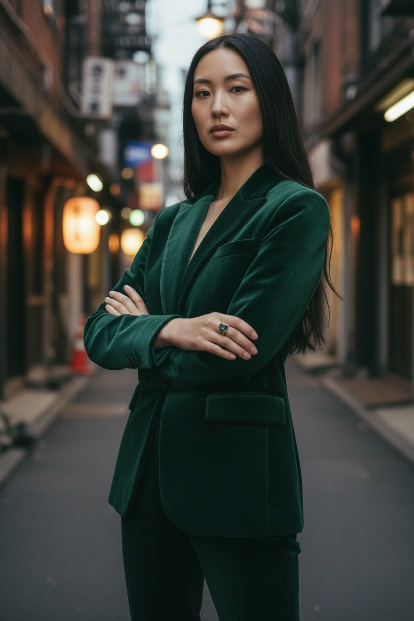 A woman wearing a dark green blazer and black pants standing with arms crossed on a city street at dusk.