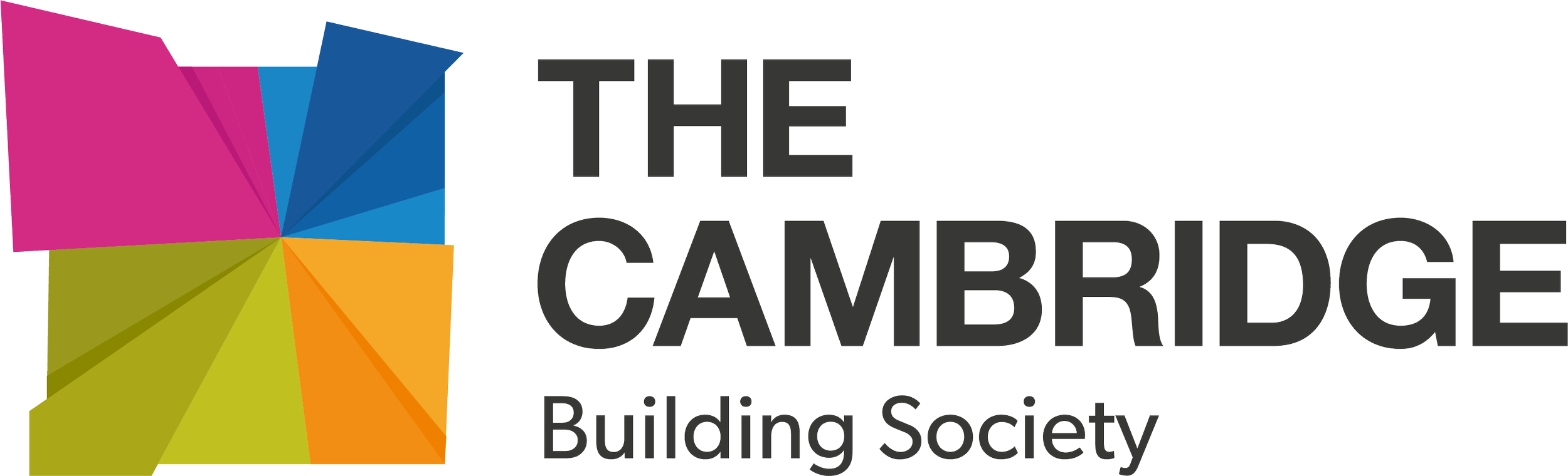 Logo of The Cambridge Building Society, featuring colorful geometric shapes on the left and bold text on the right.