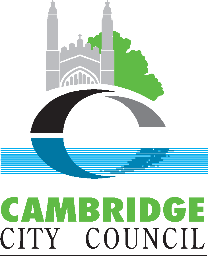 Logo of Cambridge City Council featuring a stylized bridge with a church and trees in the background, and a water circle at the bottom.
