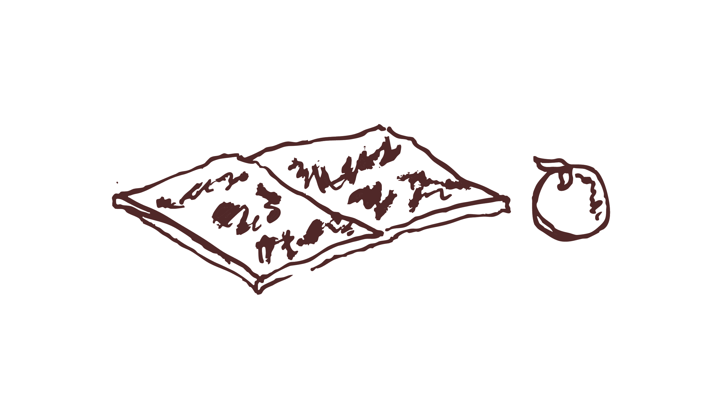 A hand-drawn illustration of an open book and a peach.