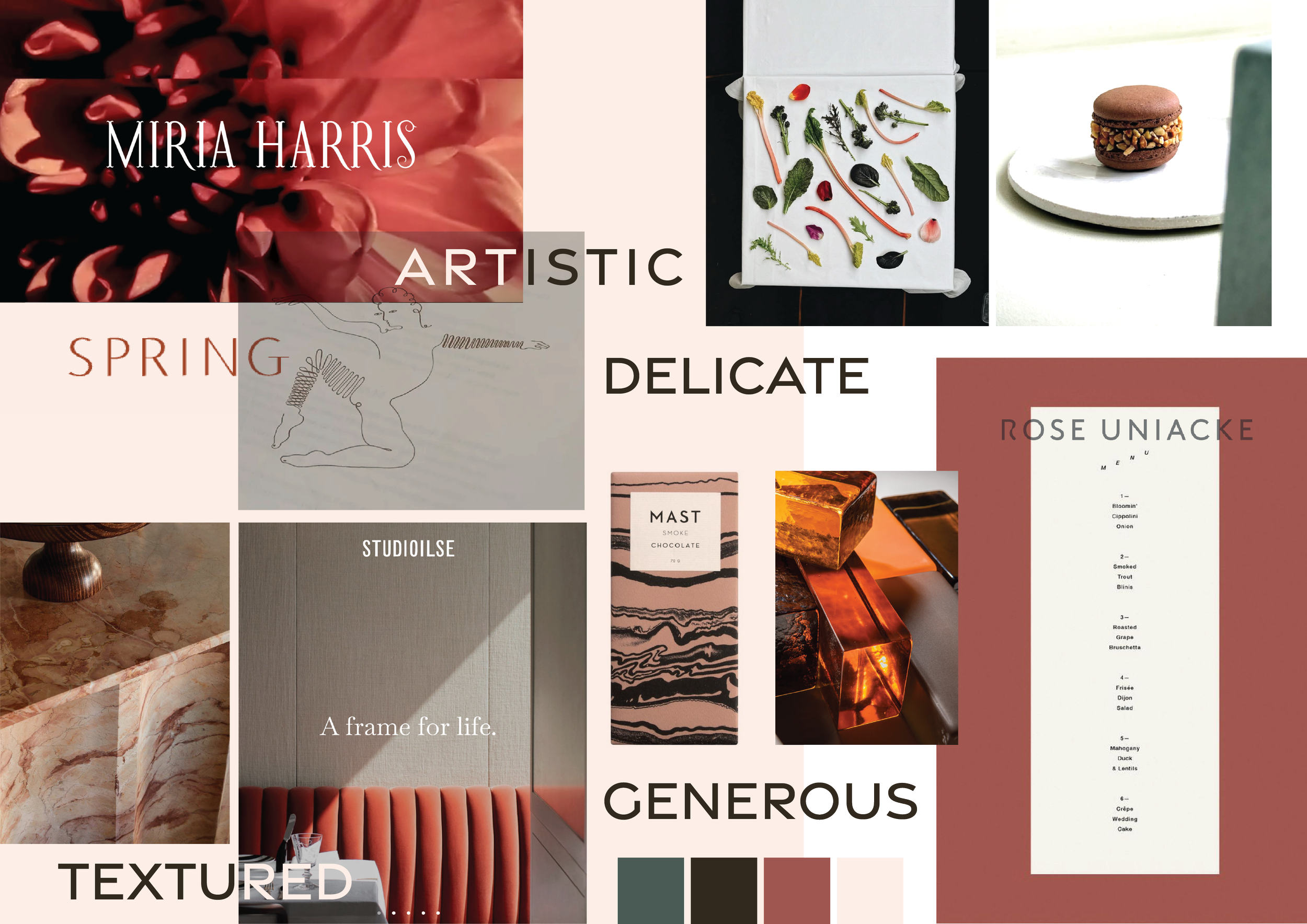A collage of interior design and food items with words such as "Spring," "Delicate," "Textured," "Generous," and "Artistic" layered over the images.