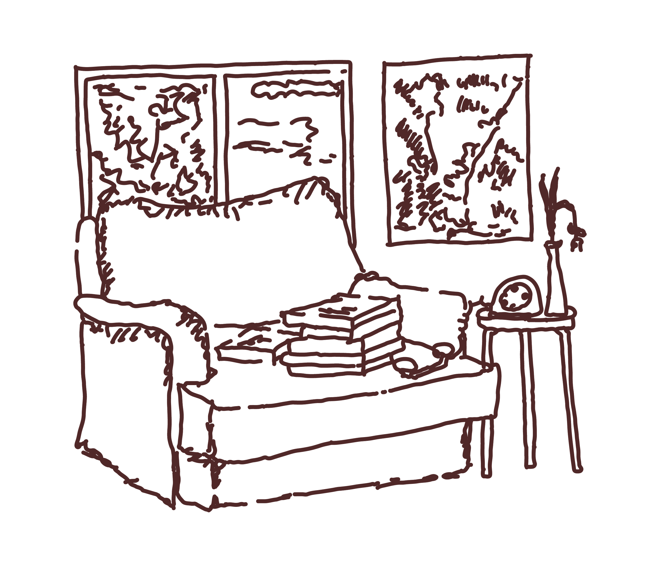 Line drawing of a chair, phone and flowers by a window