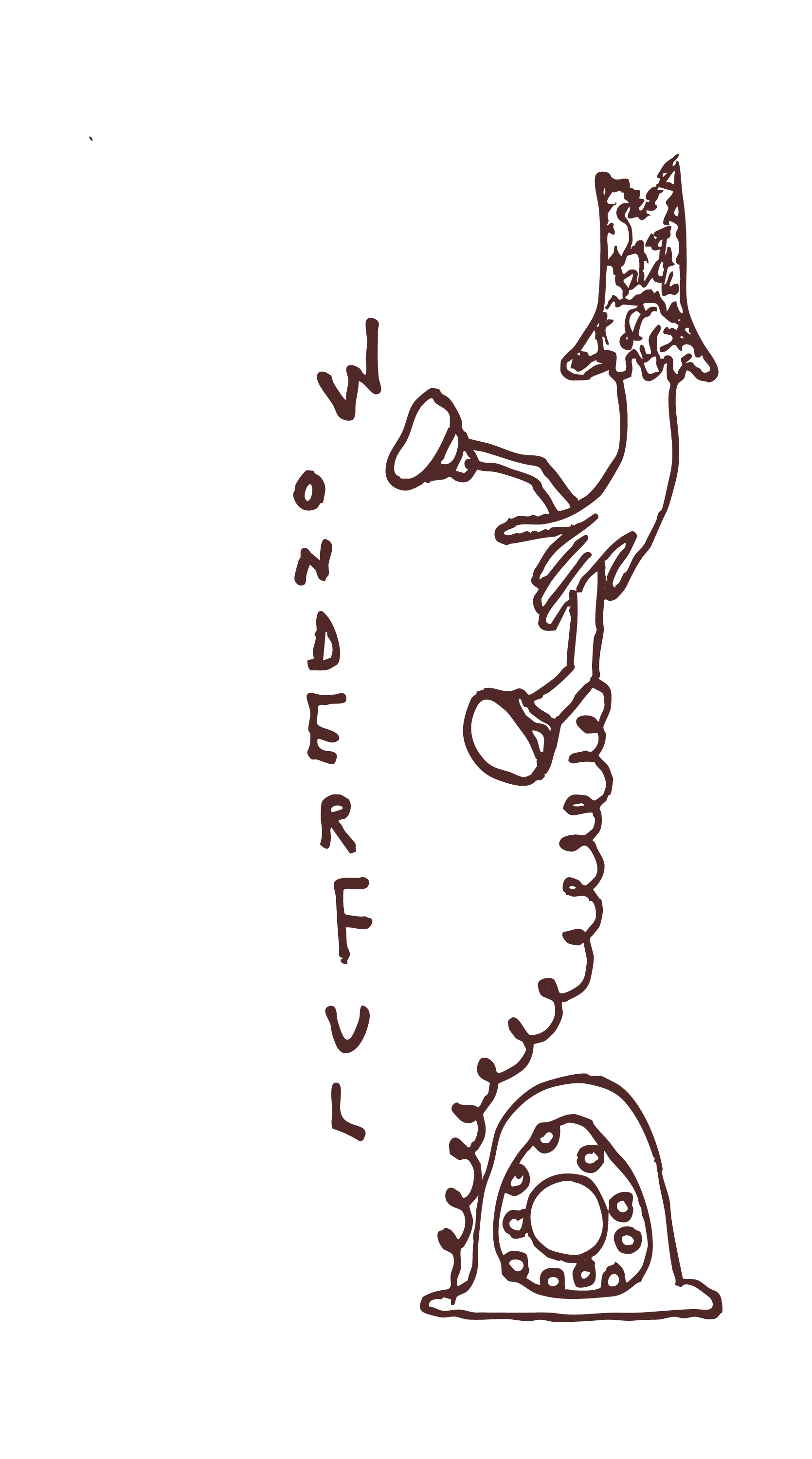 Line drawing of vintage rotary telephone connected to an old-fashioned telephone receiver by a curly cord, with the word 'wonderful' written vertically beside it.