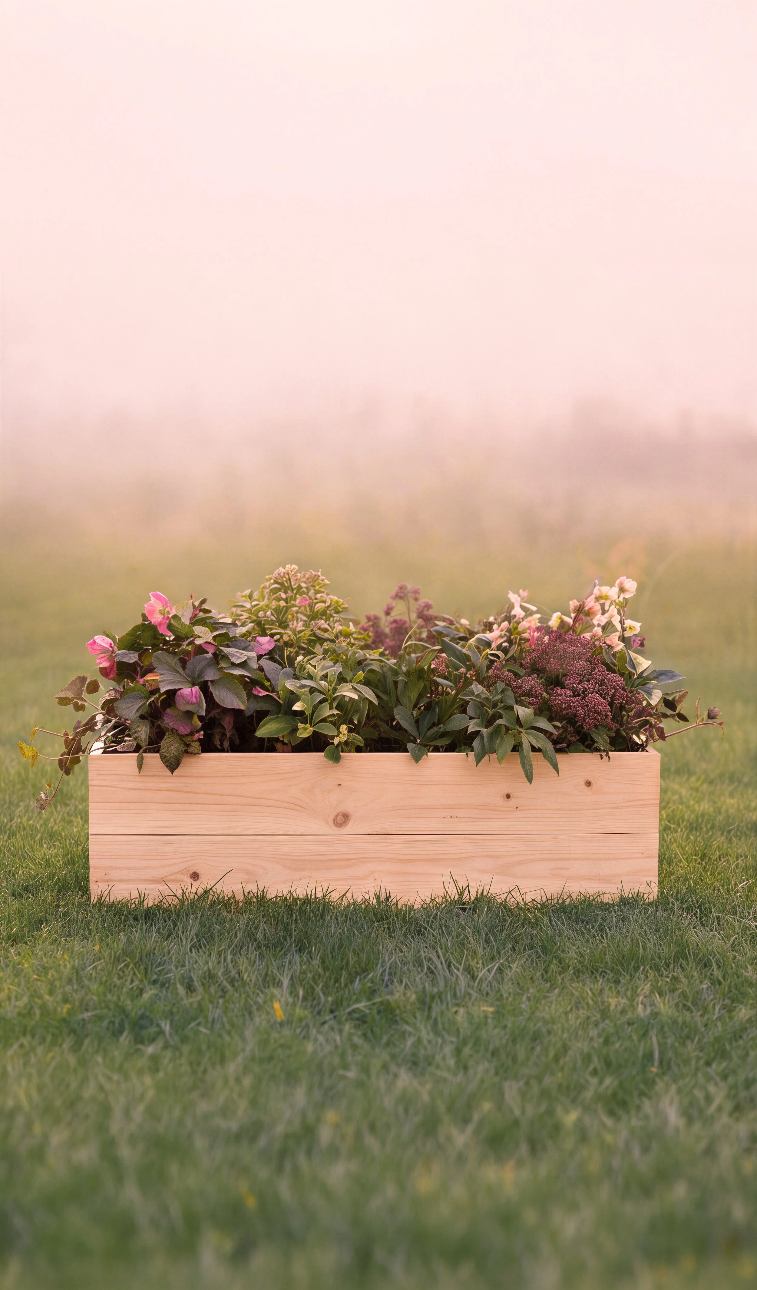 Houten plantenbak met seizoensbloemen op een graf  Tijdelijke grafbeplanting in vurenhouten plantenbak  Graf met verzorgde bloemen en onderhoudsvriendelijke beplanting  Detail van houten plantenbak met bloemen en worteldoek