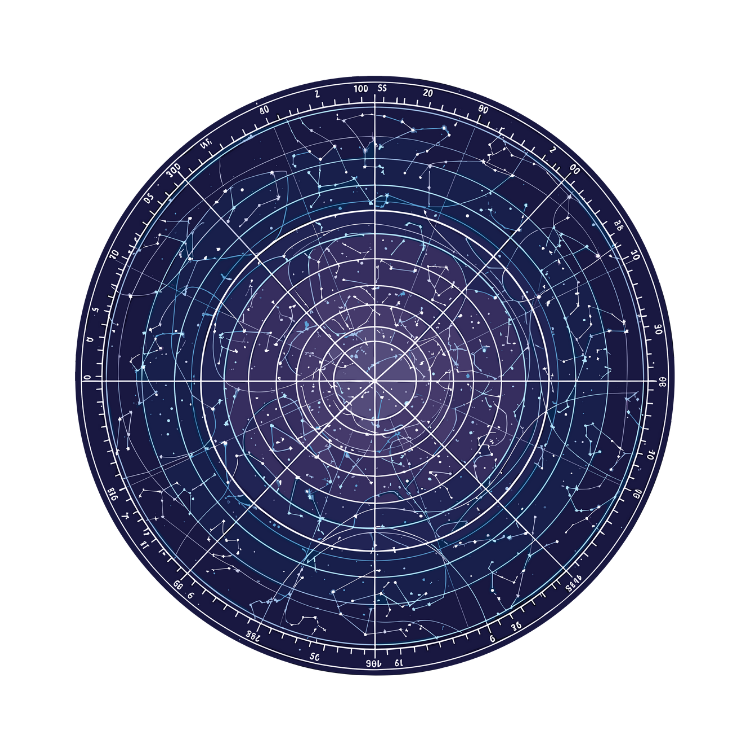 A circular star chart with constellations, stars, and celestial lines on a black background, resembling a star map or astronomical chart.