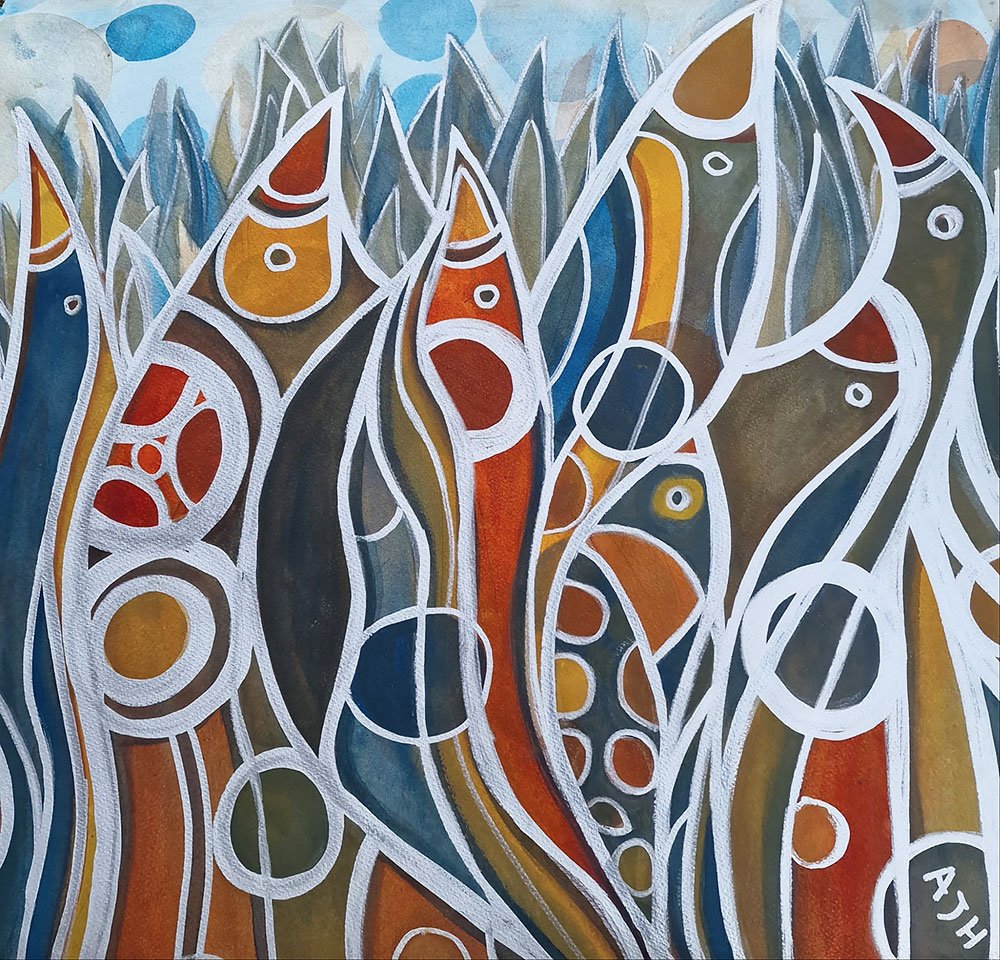 DANCERS IN THE REEDS (2024) 
Watercolour and ink on arches paper 
Dimensions: w: 72cm h: 69cm 
(Sold) 