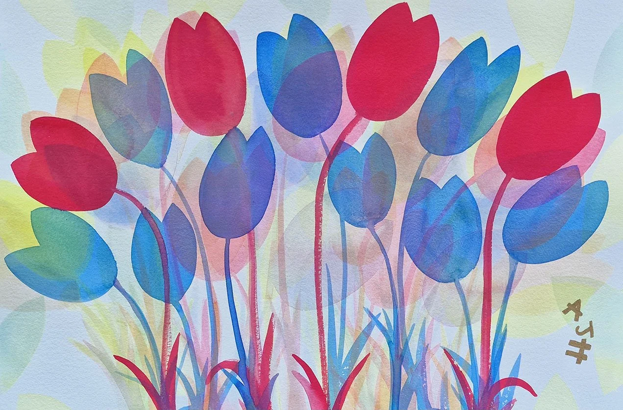 TOMORROW'S TULIPS (2025) 
Watercolour on arches paper 
Dimensions w:89cm h: 76cm 
£750 