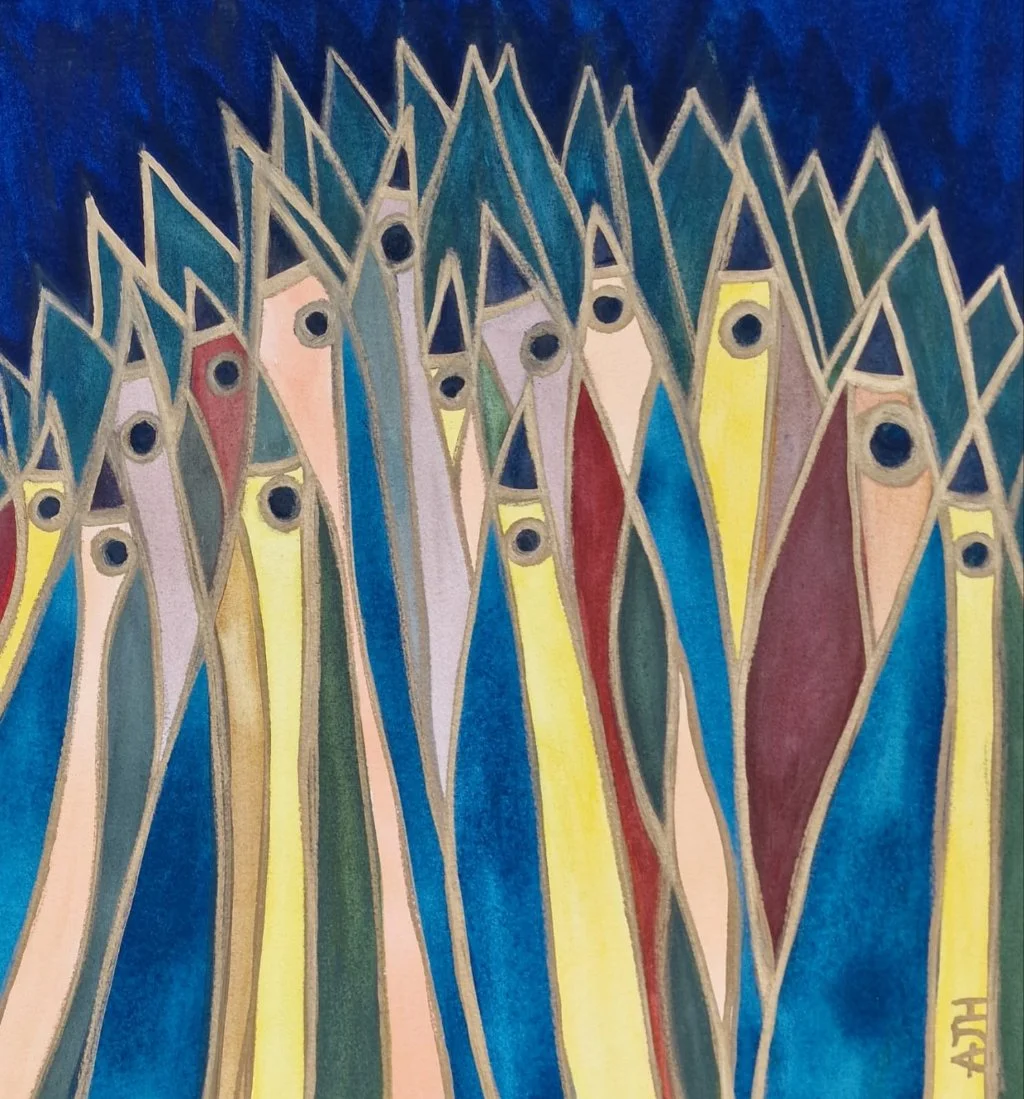 JAYS O' PLENTY
Watercolour and gold ink on arches
w: 68cm  h: 72cm
(Sold) 