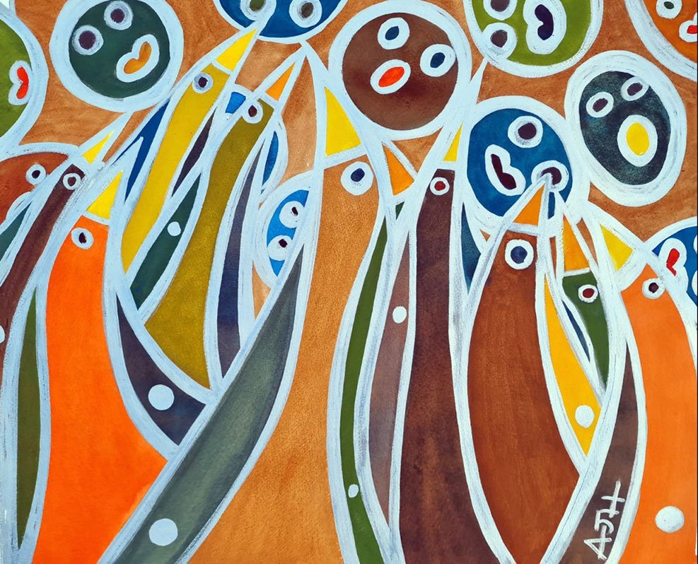 CHORUS OF THE BIRDFACES (2019) 
Watercolour and ink on paper 
Dimensions: w: 76cm h: 91cm 
(Sold)