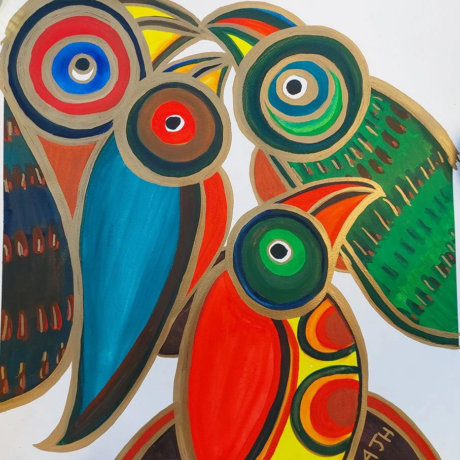 NORFOLK LOVEBIRDS 
Watercolour and in gold ink on paper 
Dimensions: w: 54cm h: 63cm 
(Sold)