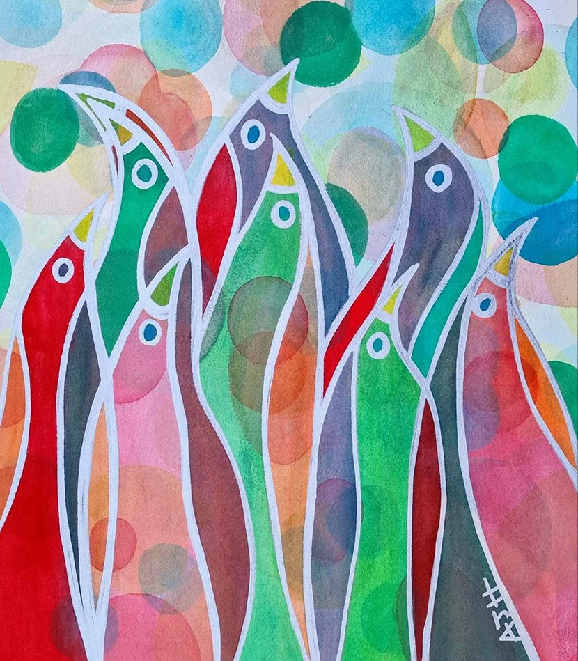 THE NIGHTINGALES OF HANAMI (2025) 
Watercolour and ink on arches paper 
Dimensions: w: 72cm x h: 81cm
£650