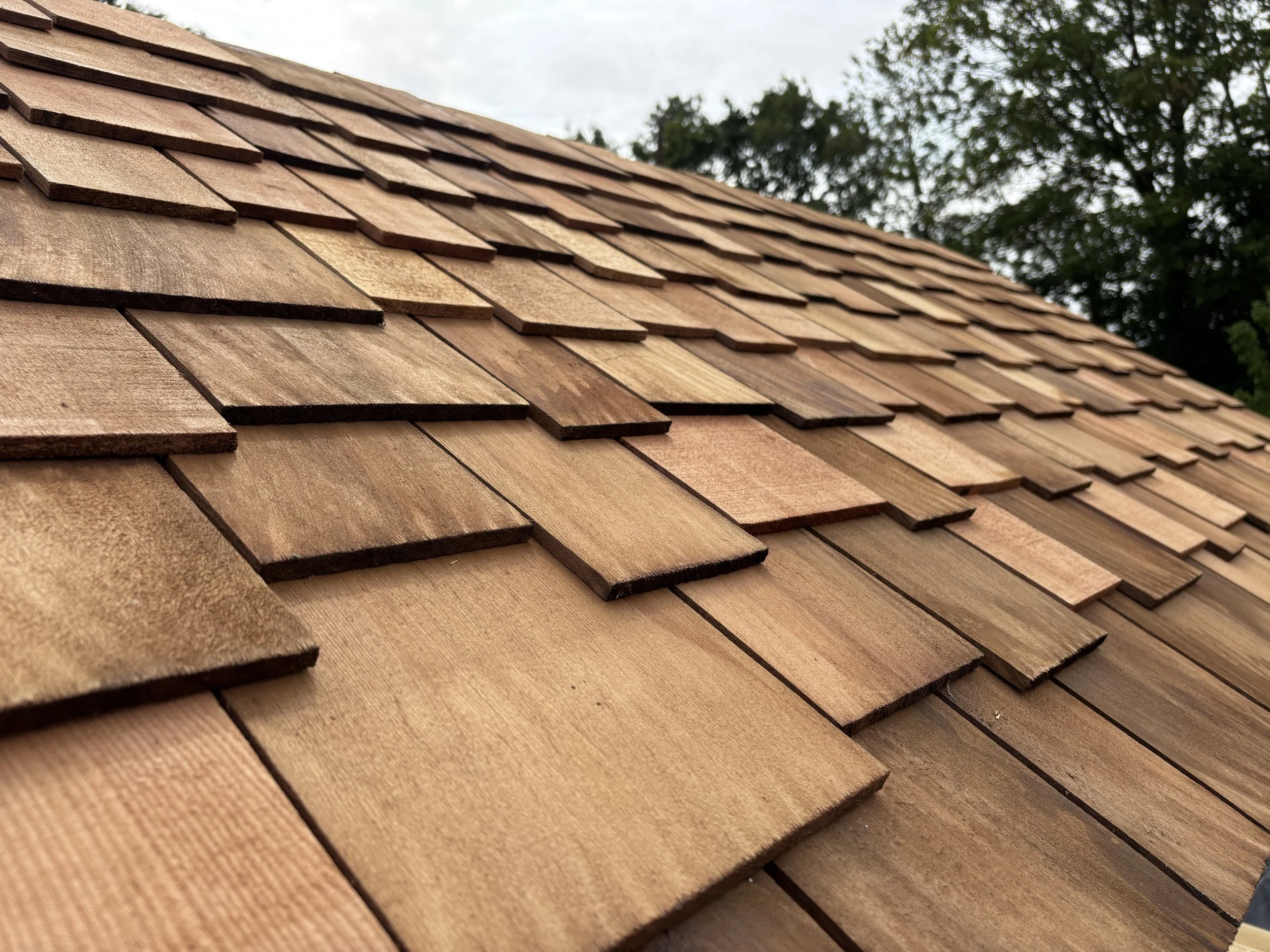 Close-up of a wooden shingle roof with overlapping rectangular shingles and a tree in the background.