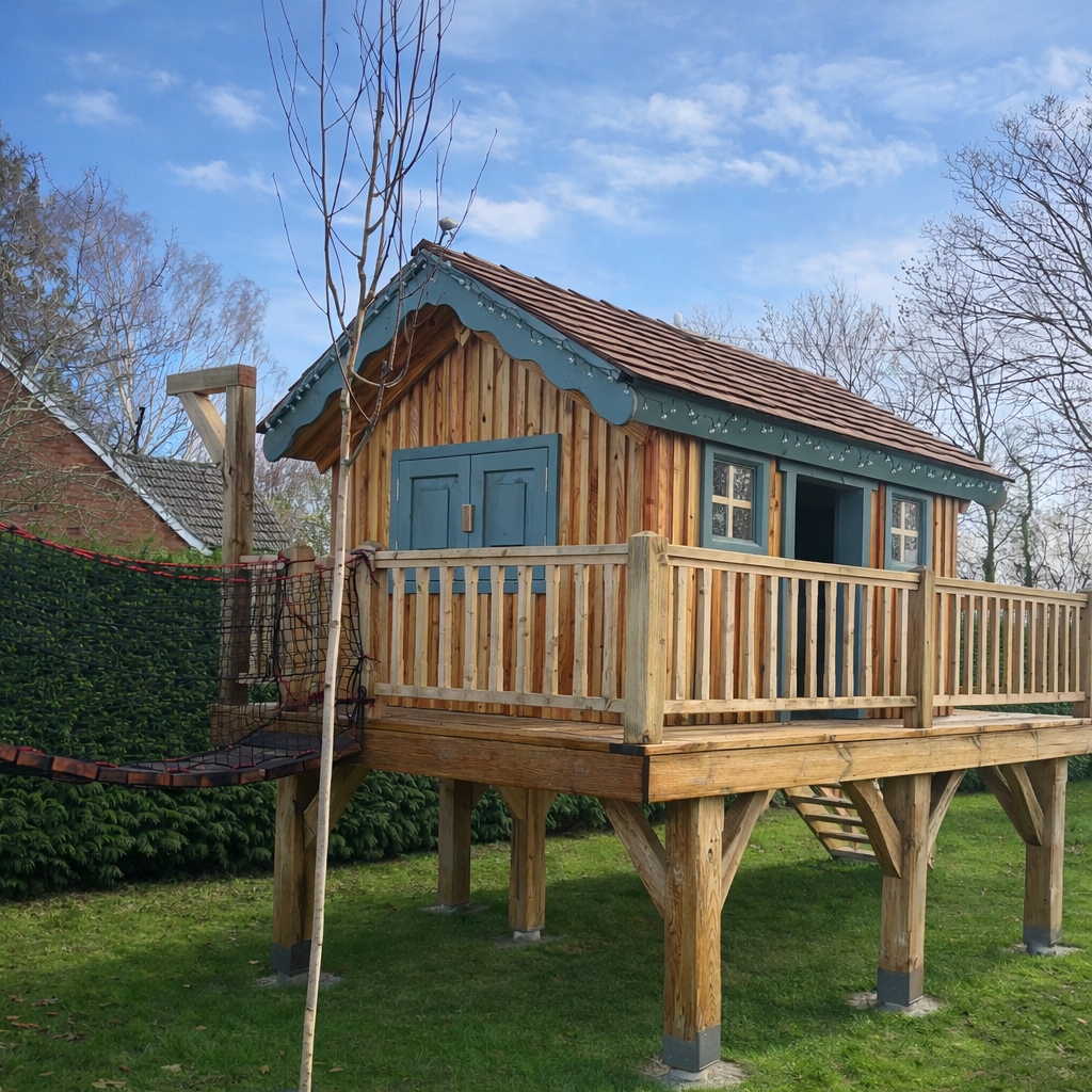 A wooden treehouse with a ramp, railing, and small windows, built on stilts in a backyard with green grass and surrounding trees.