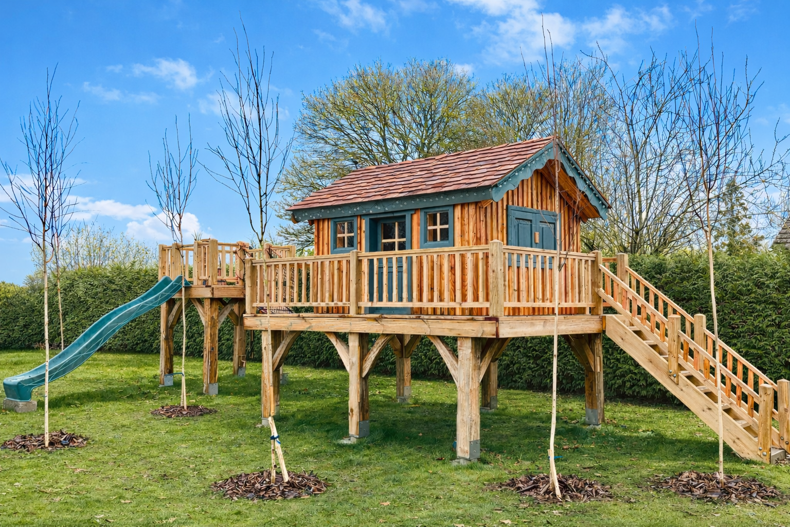 A wooden treehouse with a ramp and slide, built on stilts, surrounded by young trees and green grass on a sunny day.