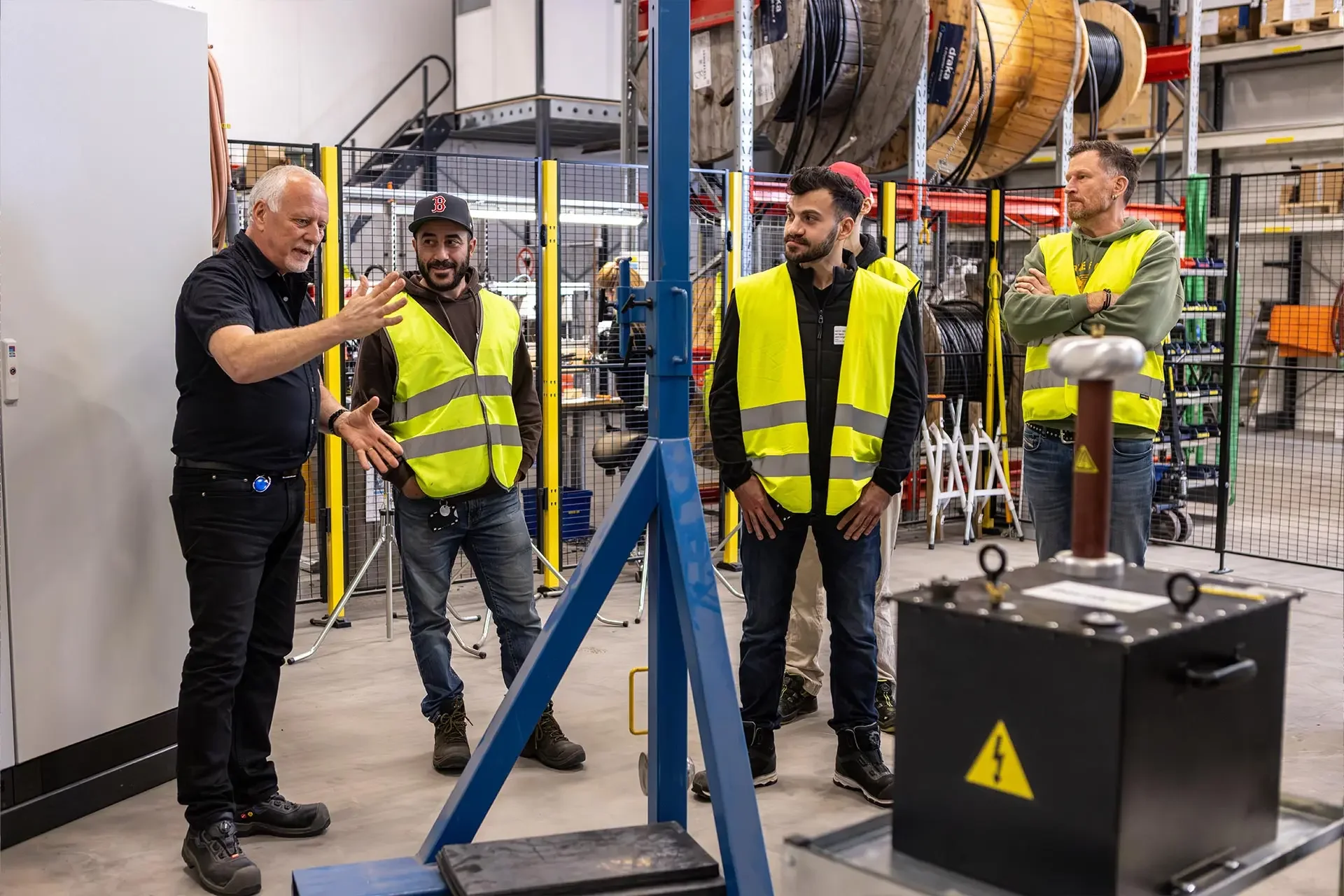 Fire ansatte i gule vernevester i dialog rundt maskiner i industriverksted.