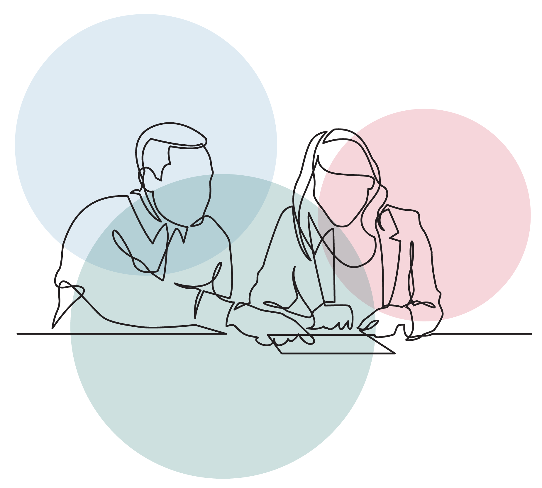 A minimalist line drawing of two people sitting at a table, engaging in a discussion, with overlapping pastel-colored circles in the background.