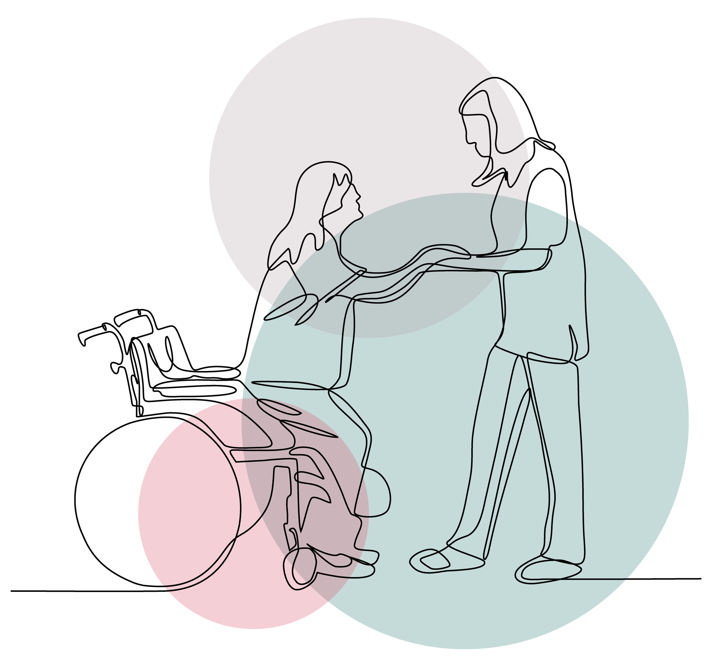 A line drawing of a woman in a wheelchair and another woman standing and talking, with colored circles highlighting their interaction.