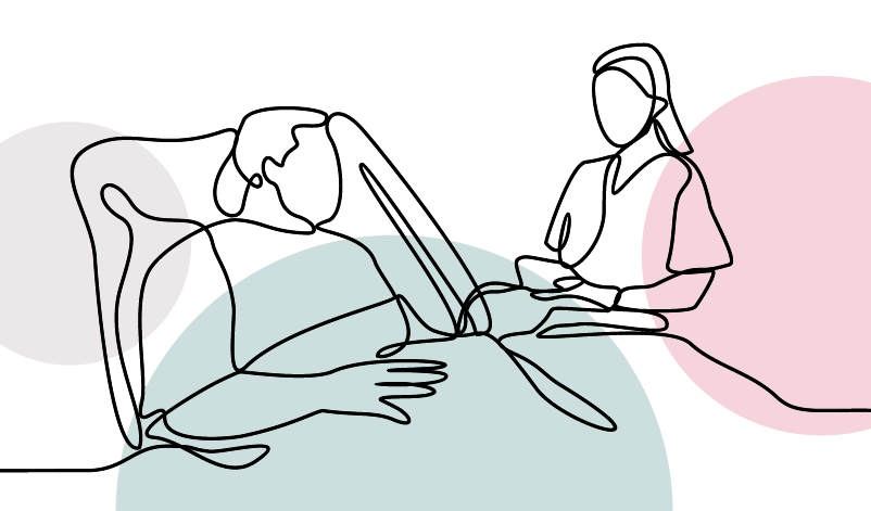 Abstract line drawing of three faces in profile, one in beige, one in pink, and one in green, with overlapping and interconnected features.