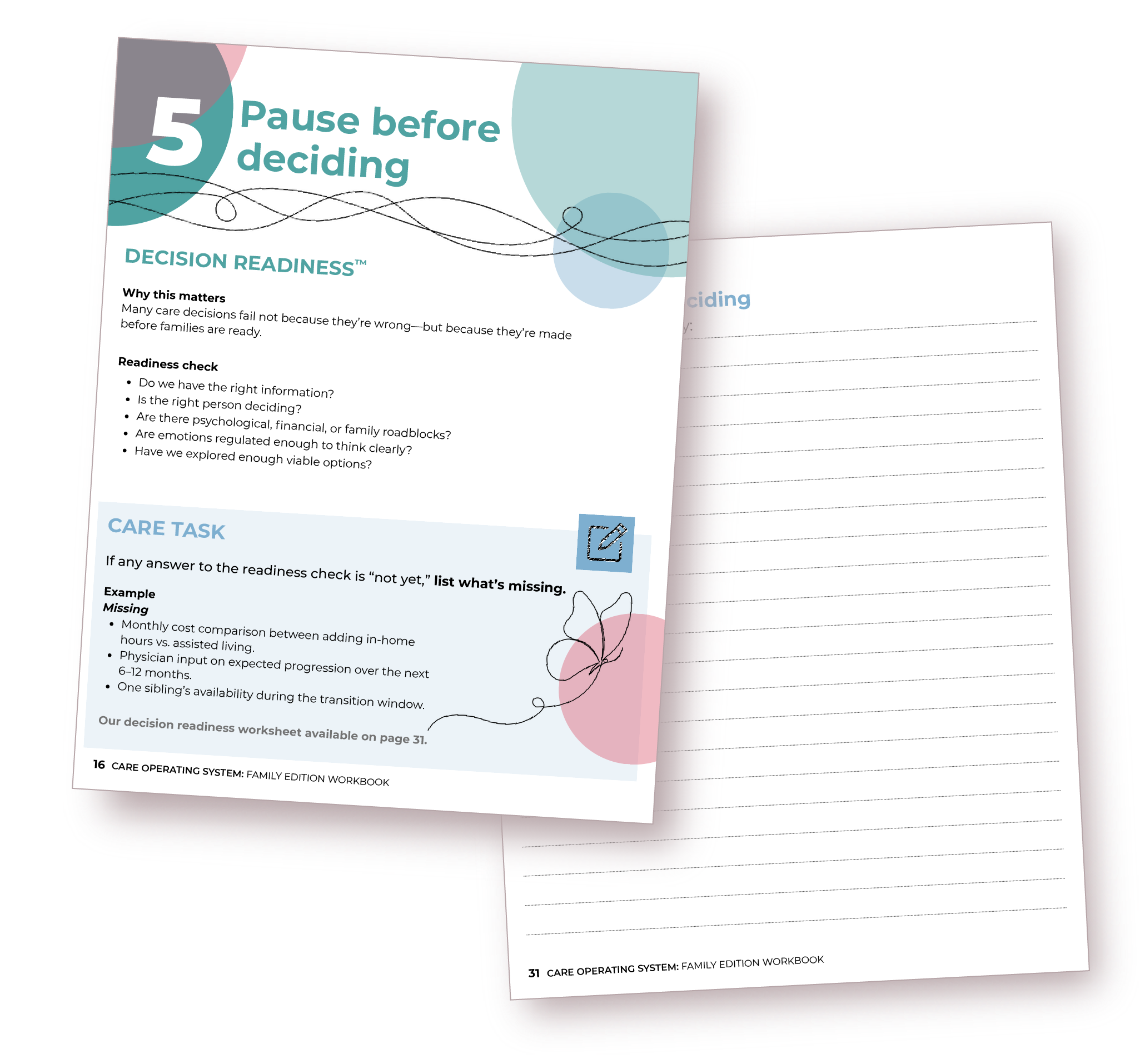 Open workbook page titled "5 Pause before deciding" with subheading "Decision Readiness" and a list of questions about care decisions. The adjacent page includes a section labeled "Care Task" with guidelines and examples for assessing readiness to ma