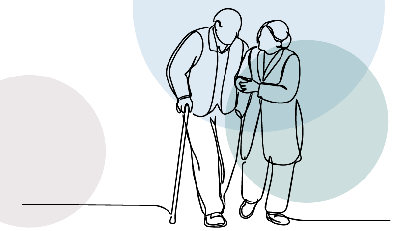 Line drawing of a man and woman looking at a mobile device together, with colorful overlapping circles in the background.