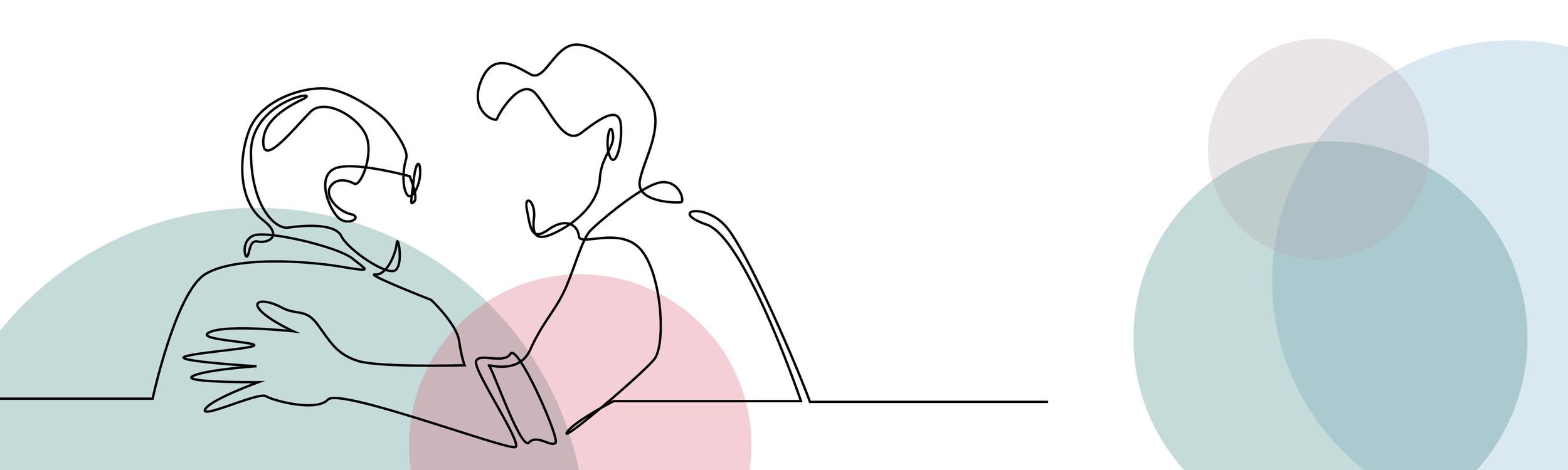 Line drawing of two men talking at a table, with overlapping pastel-colored circles in the background.