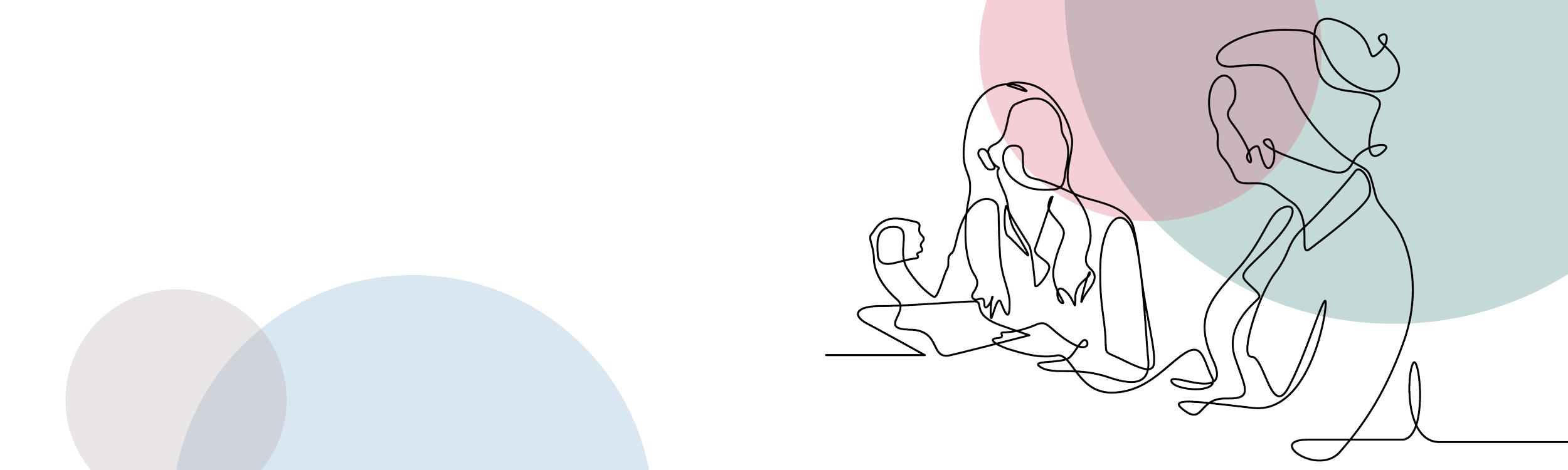 Line art illustration of two people working at a table, wearing headsets, with overlapping colored circles in the background.