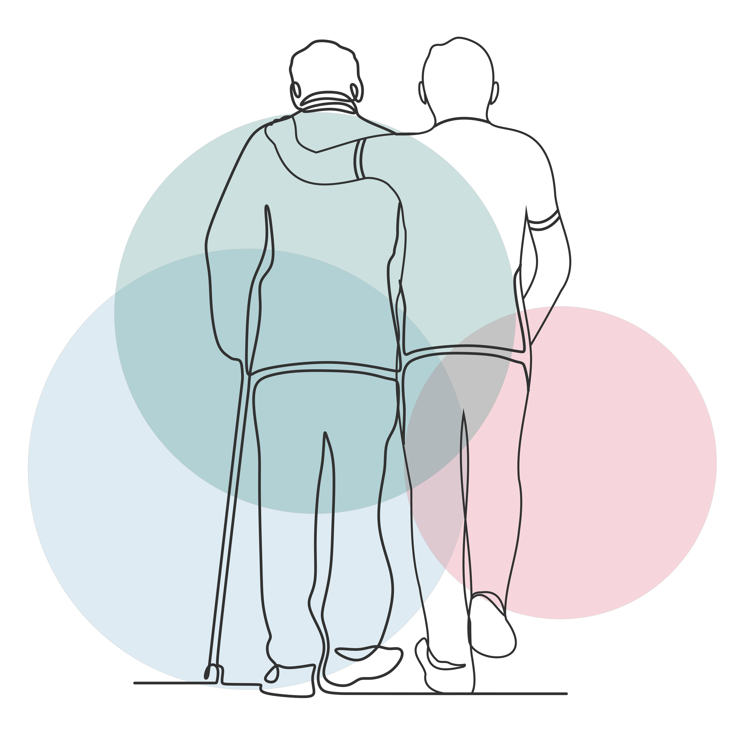 Line drawing of two men walking together, one using a cane, with colorful overlapping circles in the background.