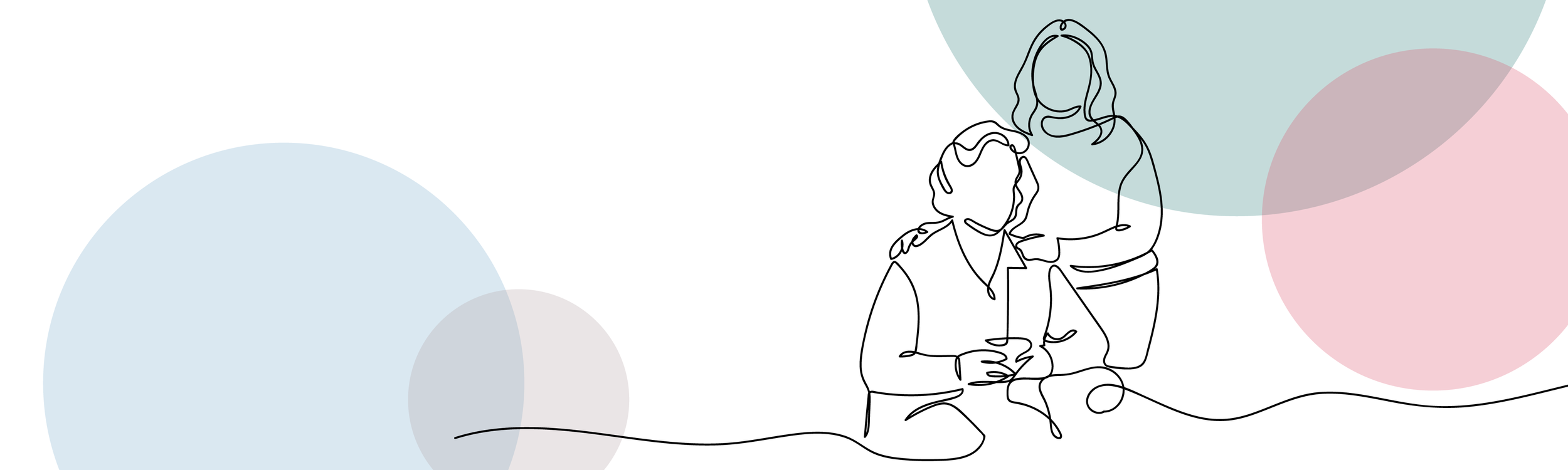 Minimalist continuous line drawing of an elder woman sitting with a woman standing beside them, set against a background with overlapping pastel-colored circles.