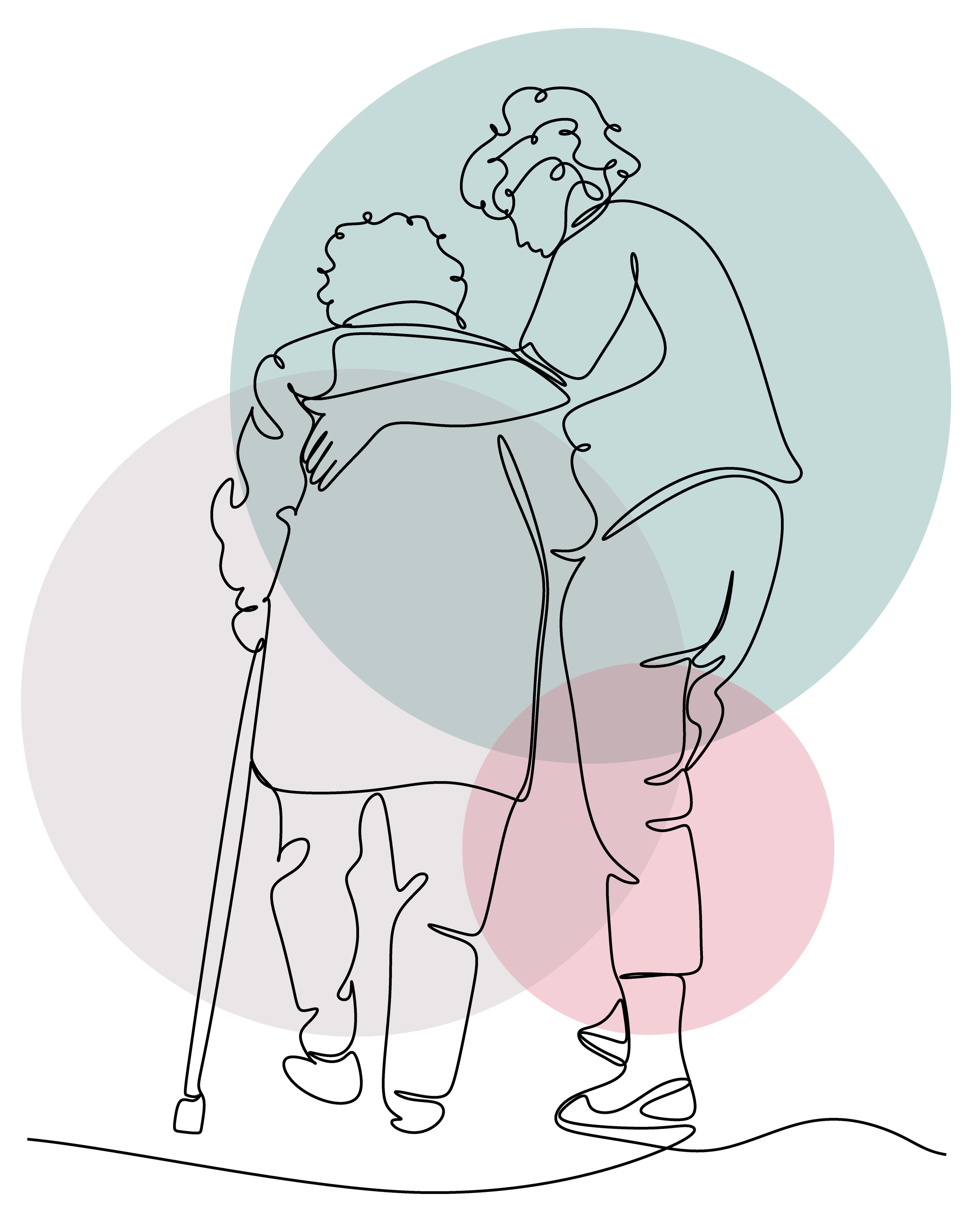 Line art drawing of a caregiver supporting an elderly person with a cane, with overlapping colored circles in the background.