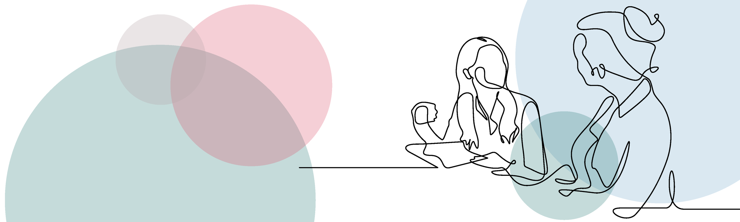 Line drawing of two people sitting at a table, one woman and one man, with colorful overlapping circles in the background.