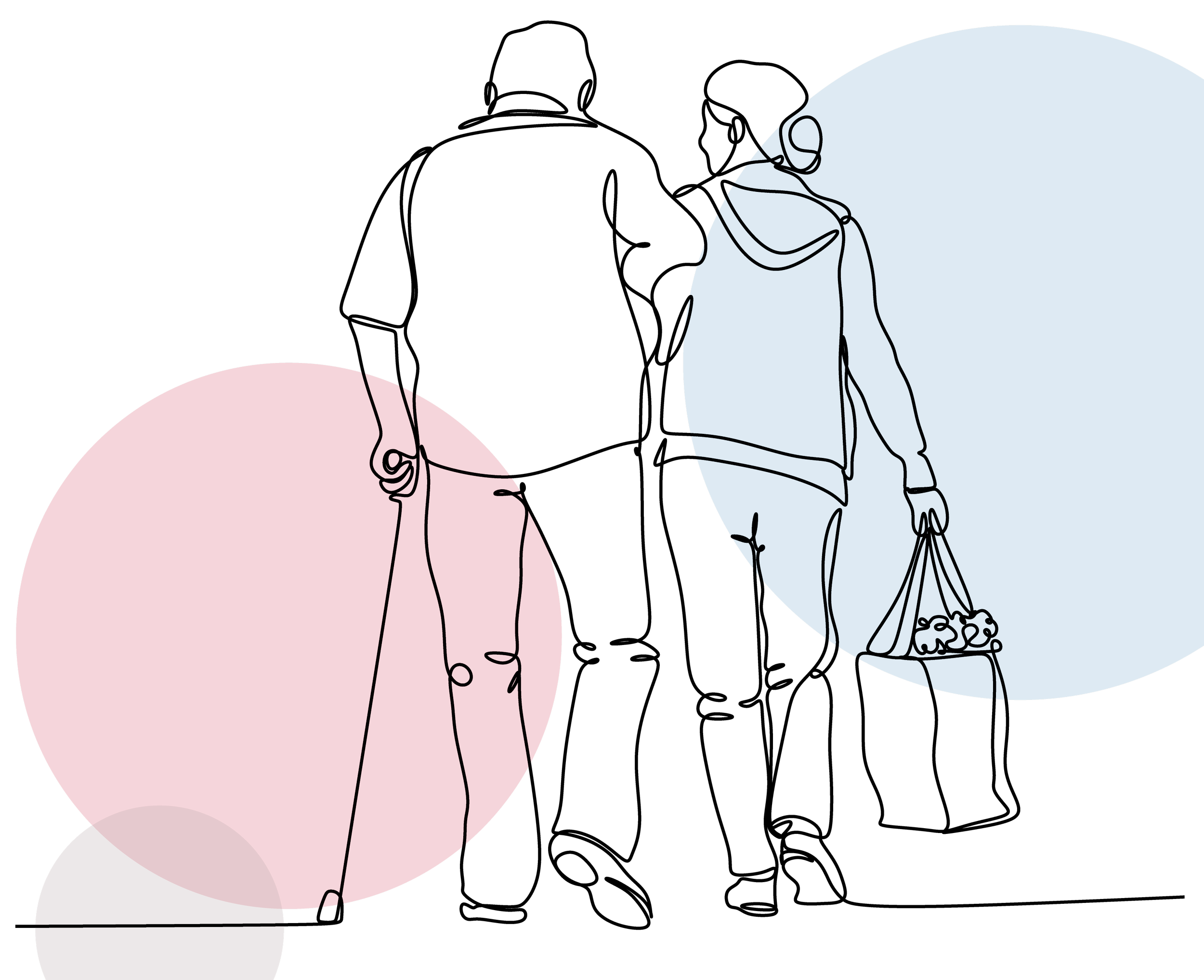 Abstract digital illustration of two people, one inside a pink circle and the other inside a blue circle, with simple line art and minimal details against a black background.