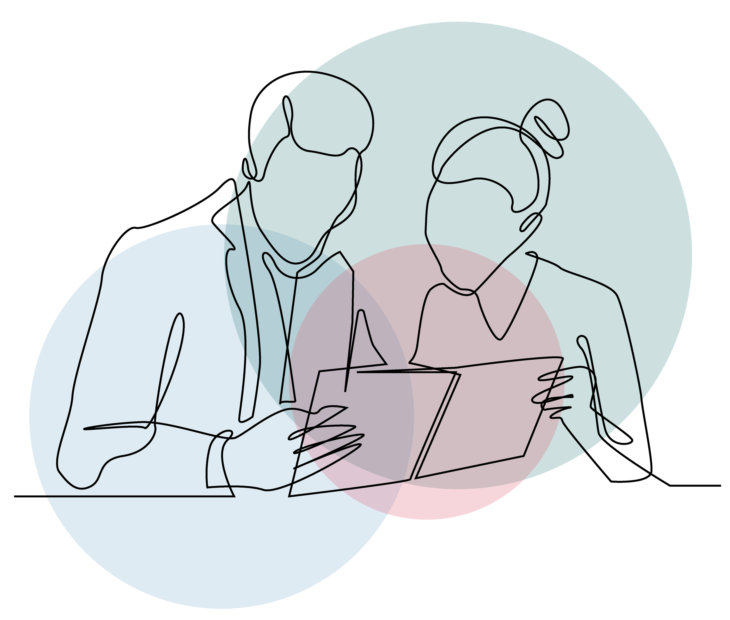 Line drawing of two professionals looking at a laptop together, with colored circles in the background.